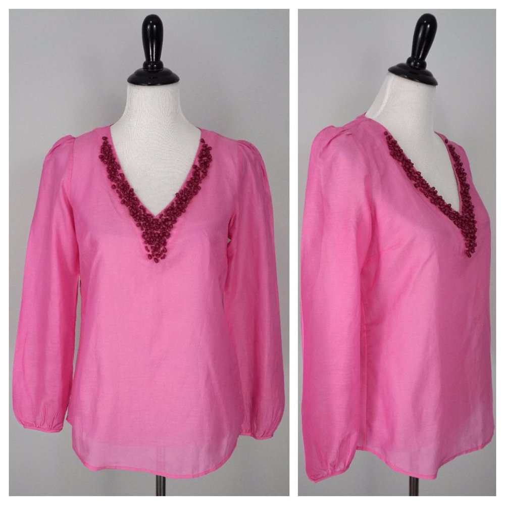 BANANA REPUBLIC Pink Beaded V-Neck Silk Cotton Blend Blouse Top Size Small